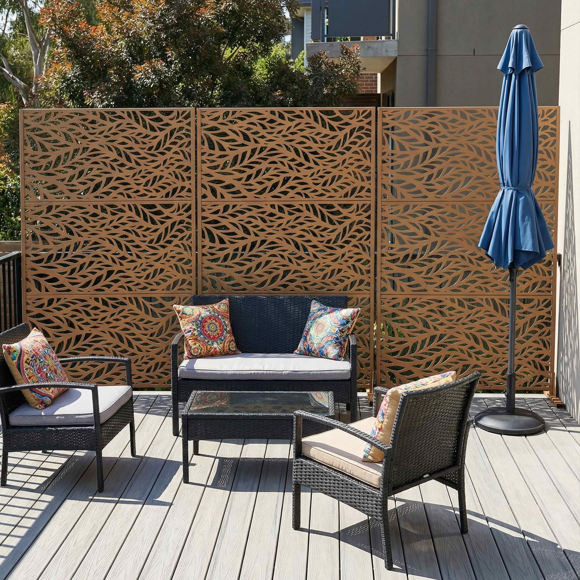 MAYEERTY Brown Rectangular Galvanized Metal Privacy Screen, Outdoor Garden Patio, 72×47×16in, 3 Panels