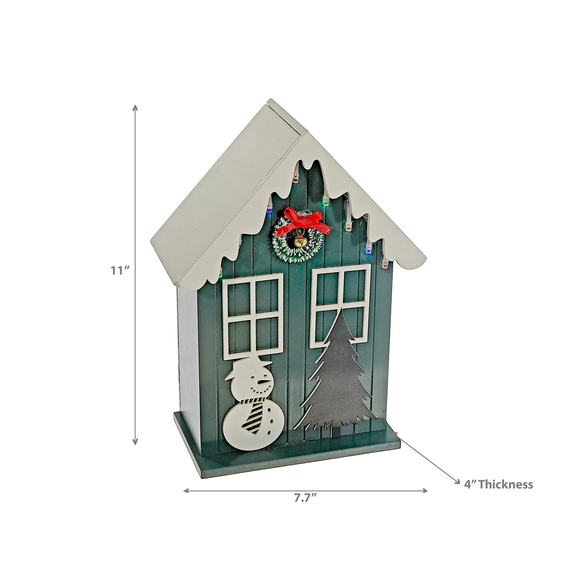 Led Wooden House With Snowman (Green) W/Timer