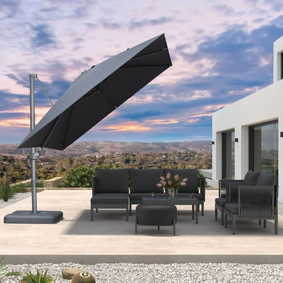 PURPLE LEAF Parasol Déporté de Patio 10 Pi Parasol Carré d'Extérieur avec Rotation à 360 Degrés pour Terrasse, Piscine, Jardin, Gris Foncé