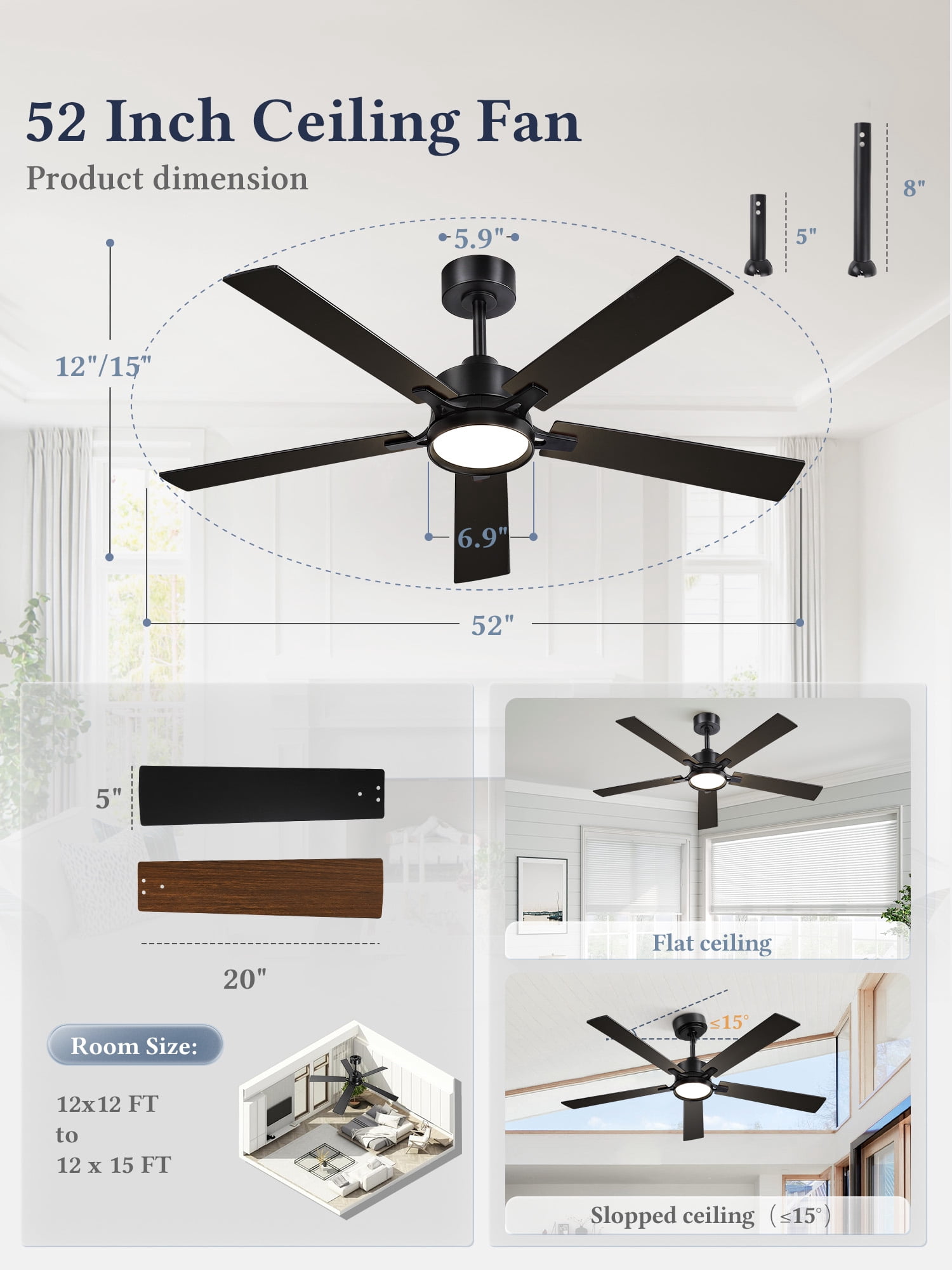 Lokivas 52in Modern Ceiling Fans with Light and Remote, 6 Speed Reversible DC Motor, Downrod Design for Bedroom, Living Room, Black