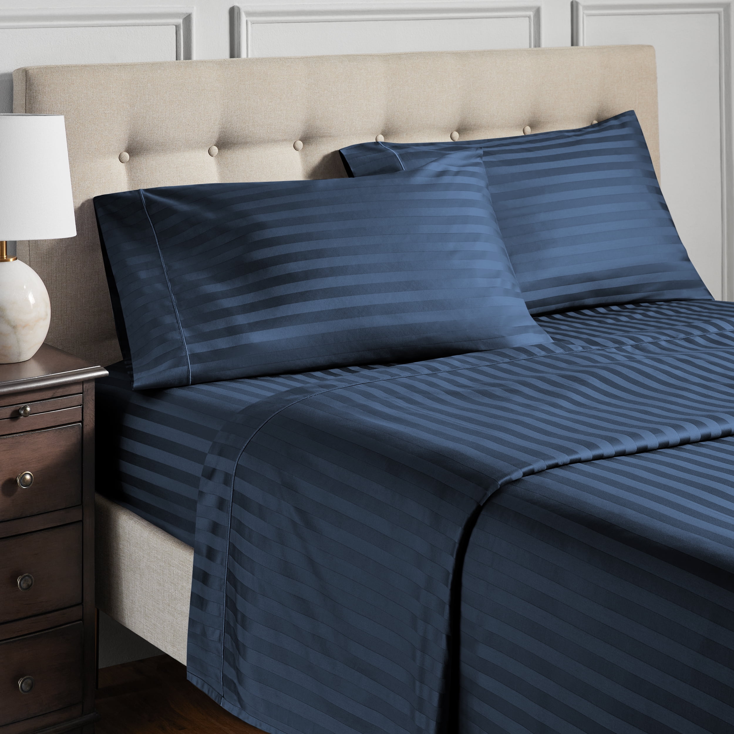 Hotel Style 4-Piece 600 Thread Count Navy Stripe Egyptian Cotton Adult Bed Sheets, Queen-Deep Pocket