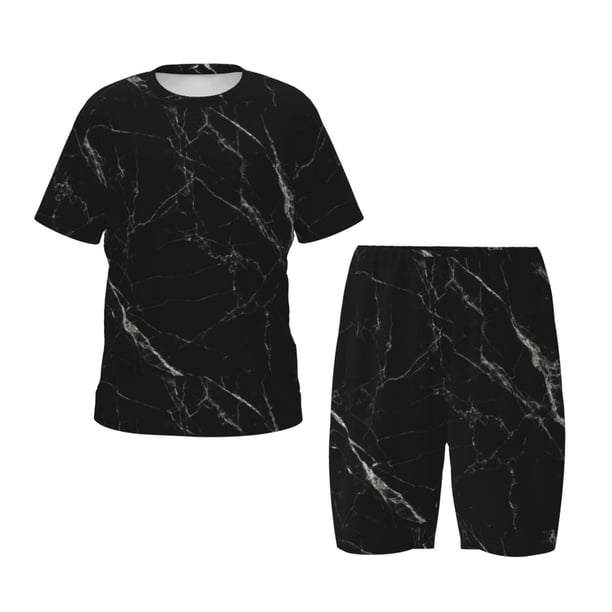 Fotbe Black Marble Texture Abstract Pijama Estampada de 2 Piezas para Niños – Ropa de Dormir de Manga Corta Cómoda para Niños y Niñas, Camiseta y Shorts de Algodón-Medium