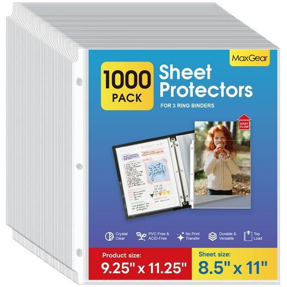 MaxGear 1000-Pack Sheet Protectors 8.5x11 inch, Clear Top-Loading Page Sleeves for 3-Ring Binder