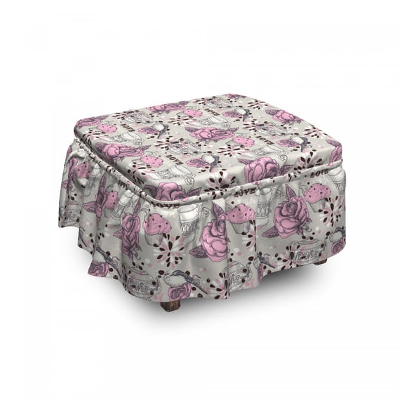 Tea Party Ottoman Cover, Romantic Roses Birds, 2 Piece Slipcover Set with Ruffle Skirt for Square Round Cube Footstool Decorative Home Accent, Standard Size, Pale Pink Dust, by Ambesonne