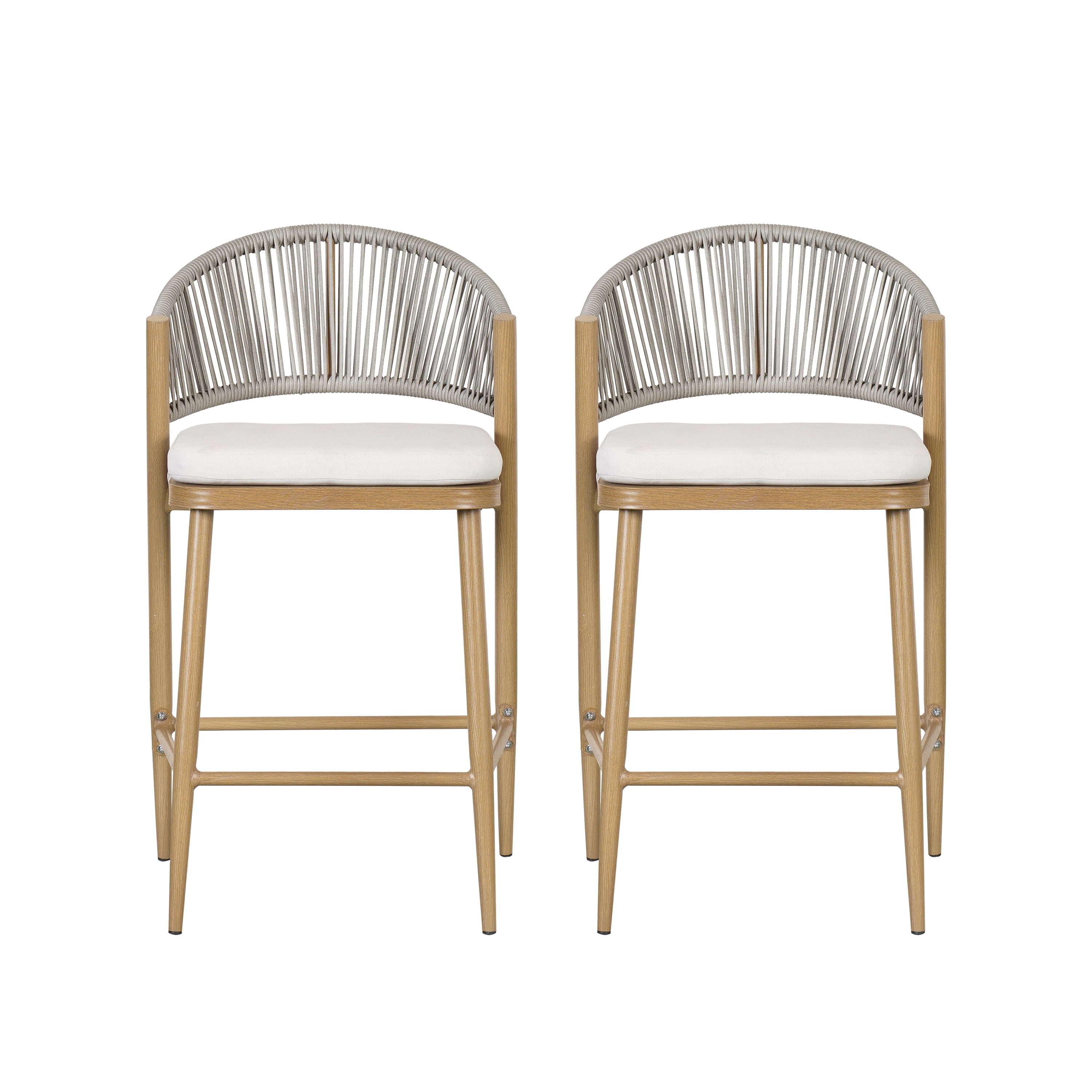 Counter Stools Set of 2, Outdoor 26 Inch Seat Height Aluminum Frame Stools with PE Rattan Scallop-Shaped Backrest, Maple Finish