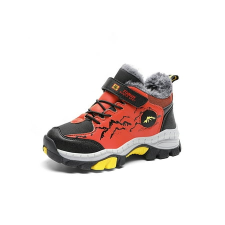 

Avamo Boy Winter Boot Color Block Snow Boots Magic Tape Ankle Bootie Walking Warm Shoes Hiking Comfort Plush Lining Outdoor Shoe Orange 4.5Y