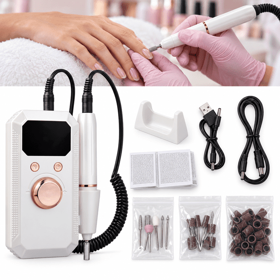 Curear Rechargeable Electric Nail Drill with UV Gel Nails & Manicure Pedicure Kit, White