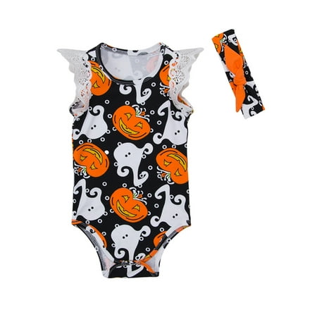 StylesILove Newborn Baby Girl Halloween Pumpkin Print Cap Sleeve Cotton Bodysuit with Headband 2 Pcs Outfit Set (80/12-18 Months, Black)