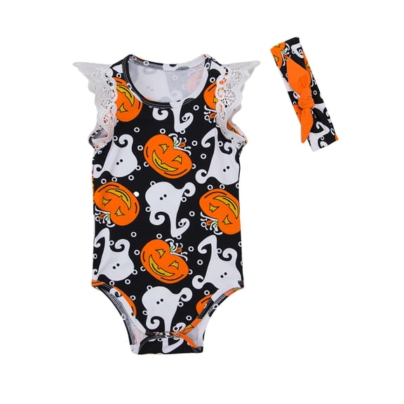 StylesILove Newborn Baby Girl Halloween Pumpkin Print Cap Sleeve Cotton Bodysuit with Headband 2 Pcs Outfit Set (80/12-18 Months, Black)