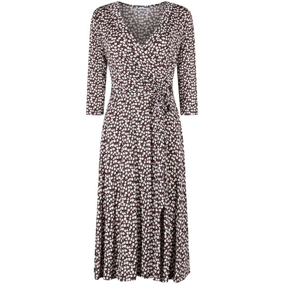 Bon Rosy, Women's, 3/4 Sleeve Faux Wrap Midi Dress Knee Length, Black Ivory, L