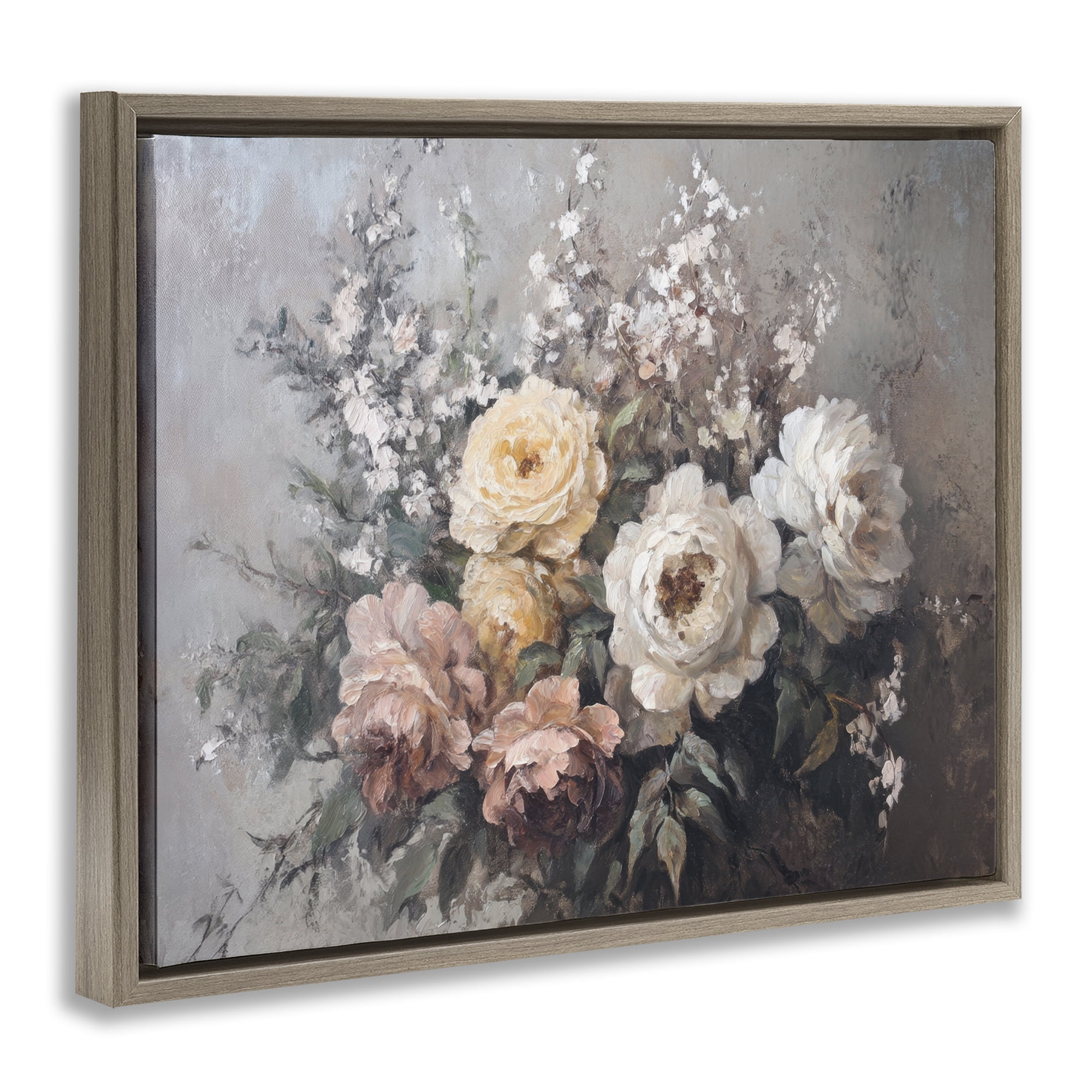 Stupell Industries Roses & Peonies on Gray Plants & Flowers Painting Brown Floater Framed Canvas Art Print Wall Art, 31 x 25