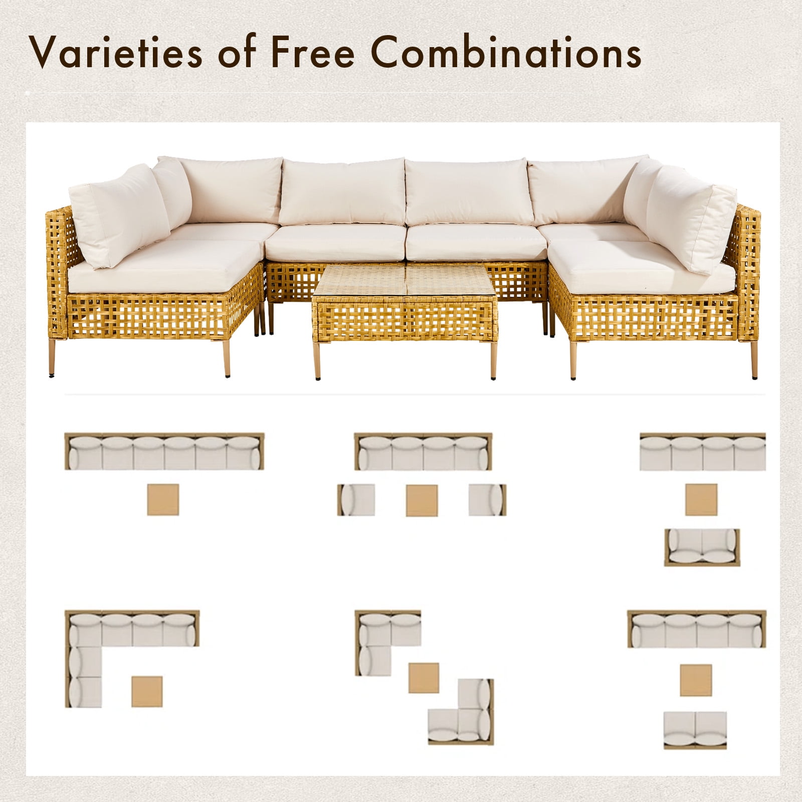 Ktaxon 7PC Wicker Patio Furniture Set Outdoor Sectional Sofa with Water Resistant Cushions, Glass Coffee Table, Boho Conversation Set Beige