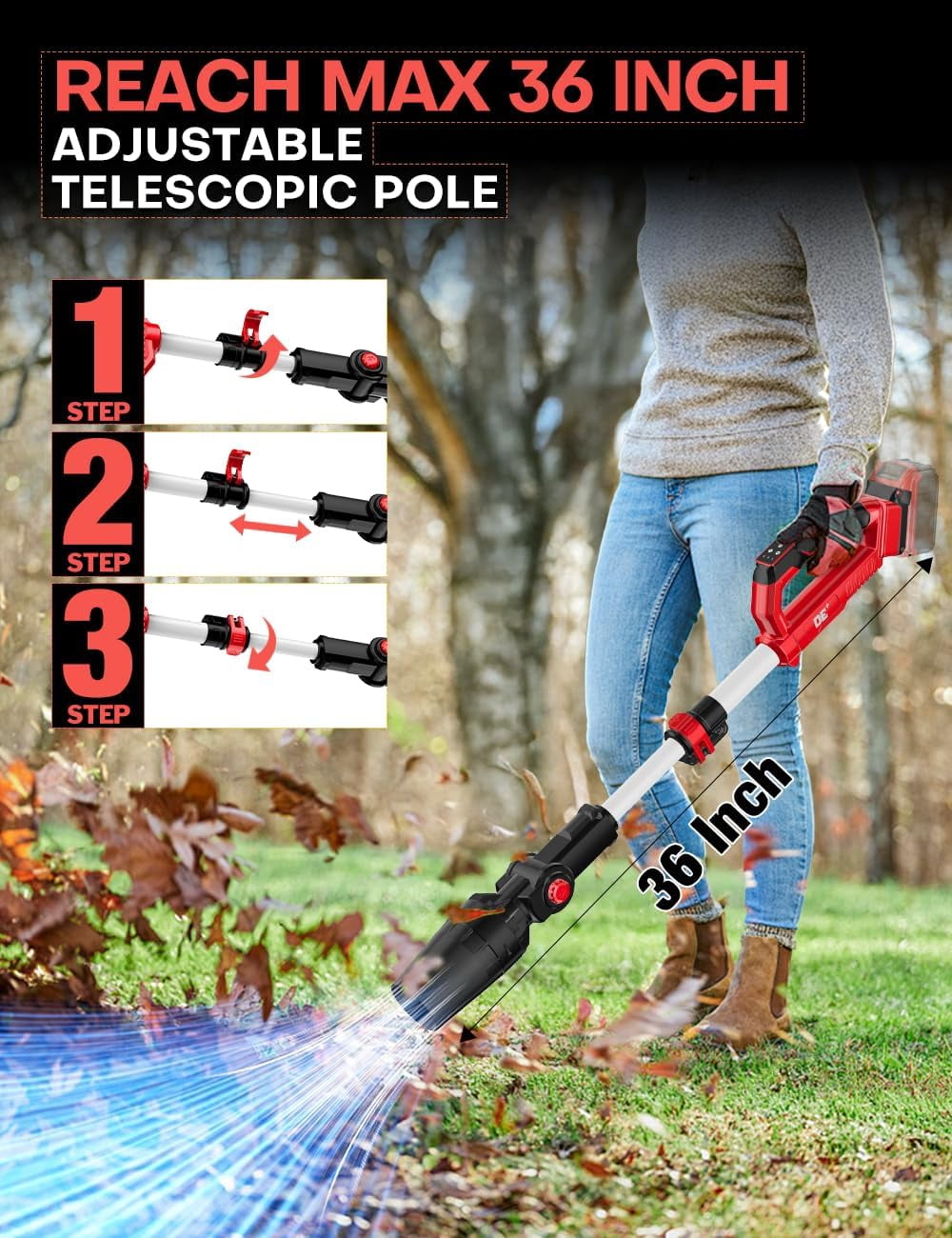 650 CFM 280 MPH Cordless Leaf Blower, 31000 RPM Brushless Motor, 60° Adjustable Head, Telescopic Pole up to 36 Inches, 3-Speed, Lock-On Switch, for Milwaukee M18 Battery (Bare Tool）