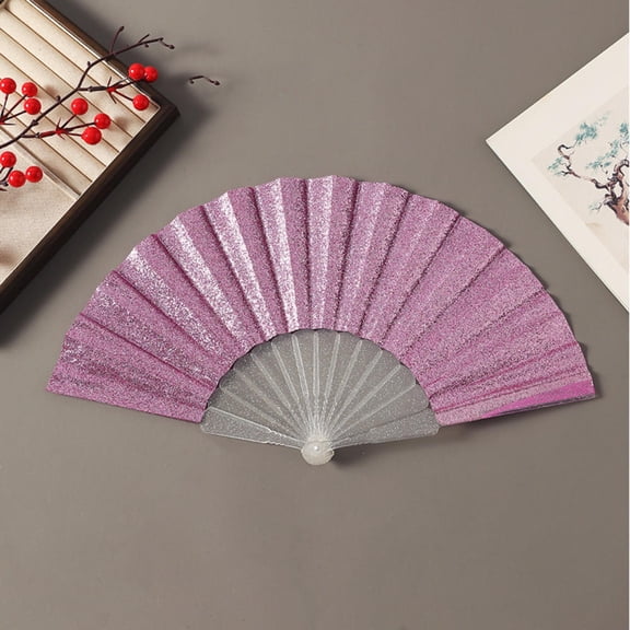 Portable Folding Fan Solid Color Glitter Plastic Fan for Wedding Travel Party Dancing Cosplay Gift Fan