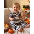 thumbnail image 3 of RUINIXCW Toddler Baby Girl Halloween Outfit Infant Baby Girl Summer Fall Clothes Cute Pumpkin Ghost Embroidery Short Sleeve Plaid Shirt Tops Flared Pants Set, 3 of 9