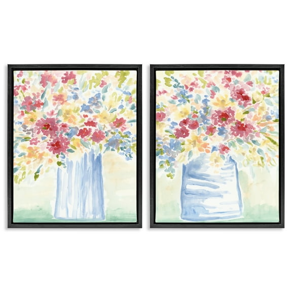 Stupell Industries Soft Speckled Flower Vases Plants & Flowers Painting Black Floater Framed Canvas Art Print Wall Art, 17 x 21, Set of 2