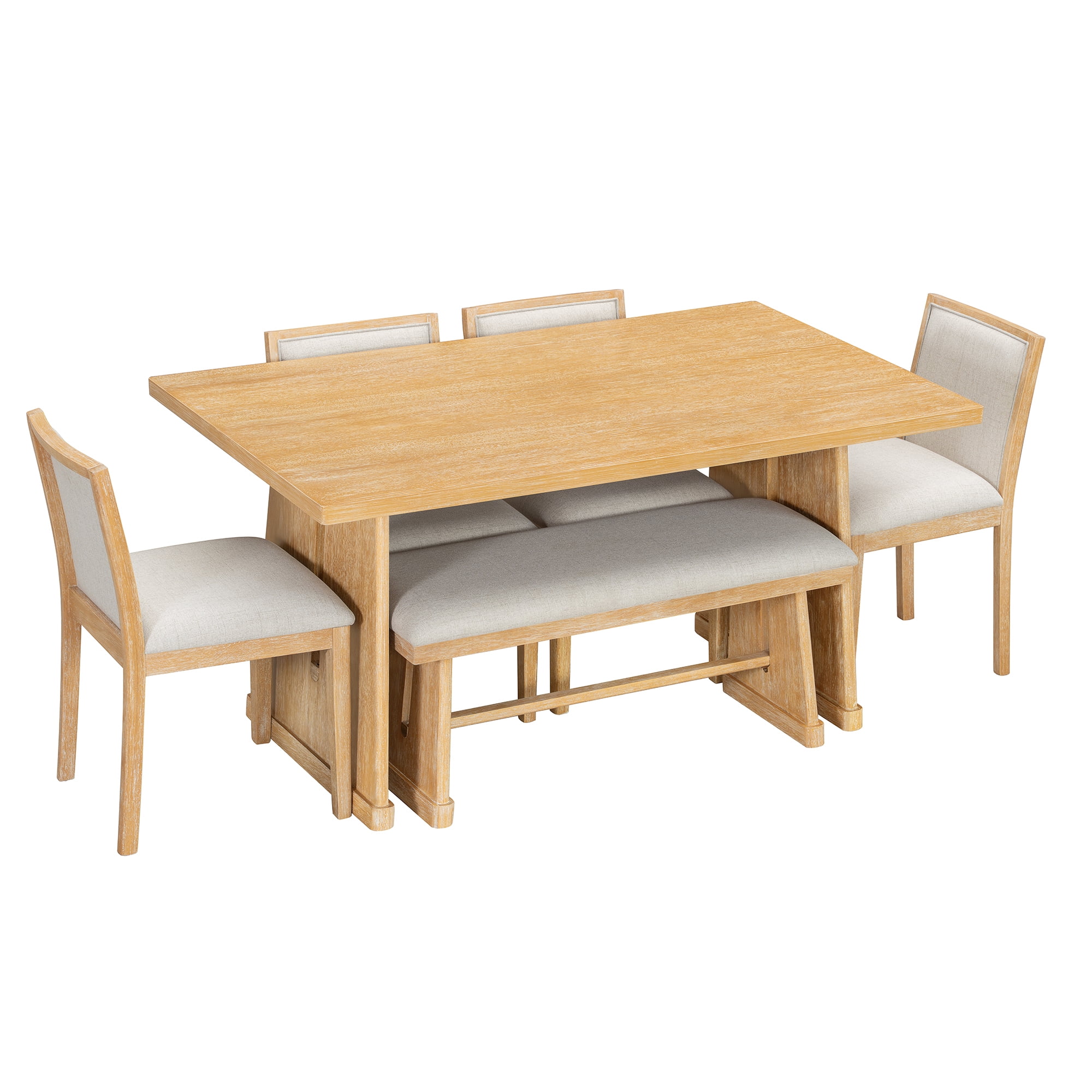 Euroco 6-Piece Farmhouse Dining Table Set for 6, 59.8" Rectangular Dining Table with 4 Upholstered Chairs & 1 Bench,Solid Wood Dining Furniture Set for Kitchen,Natural