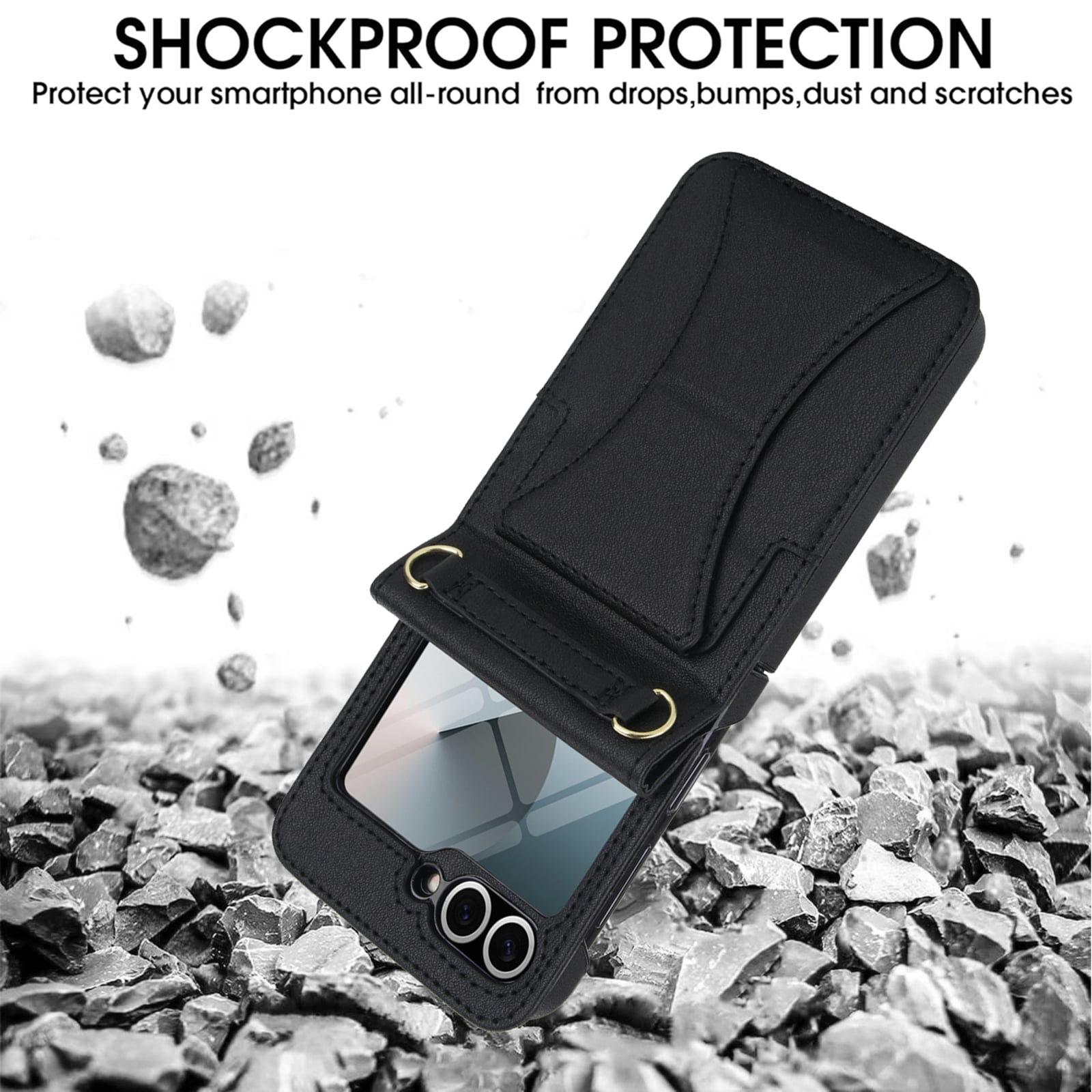 Crossbody For Samsung Galaxy Z Flip 7 Wallet Case with Hidden Kickstand, Credit Card Holder for Samsung Galaxy Z Flip 7 Case Built-in Screen Protector, Shoulder Strap & Lanyard Phone Case,Black
