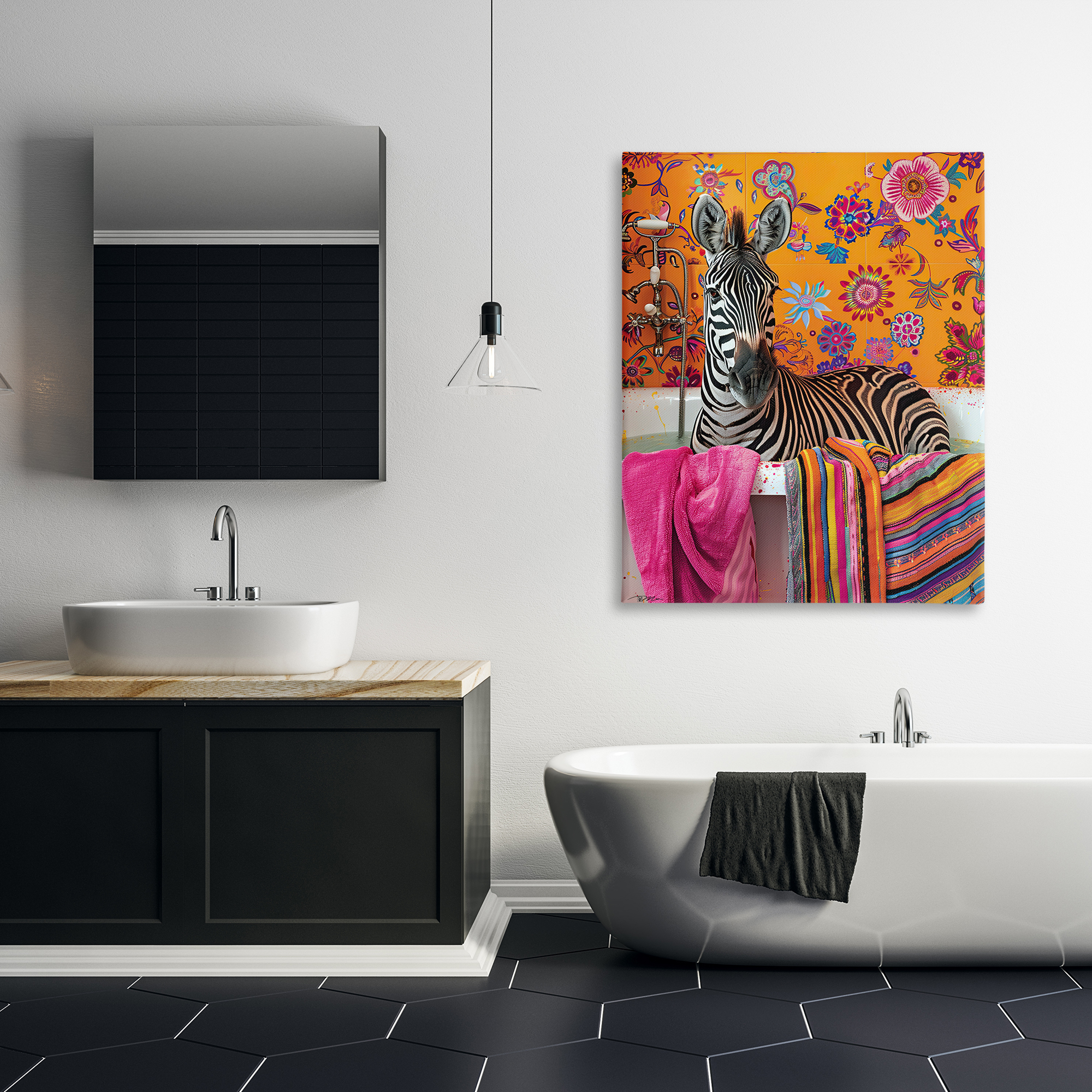 Zebra Bath with Colorful Towel Canvas Wall Art, design by Momart