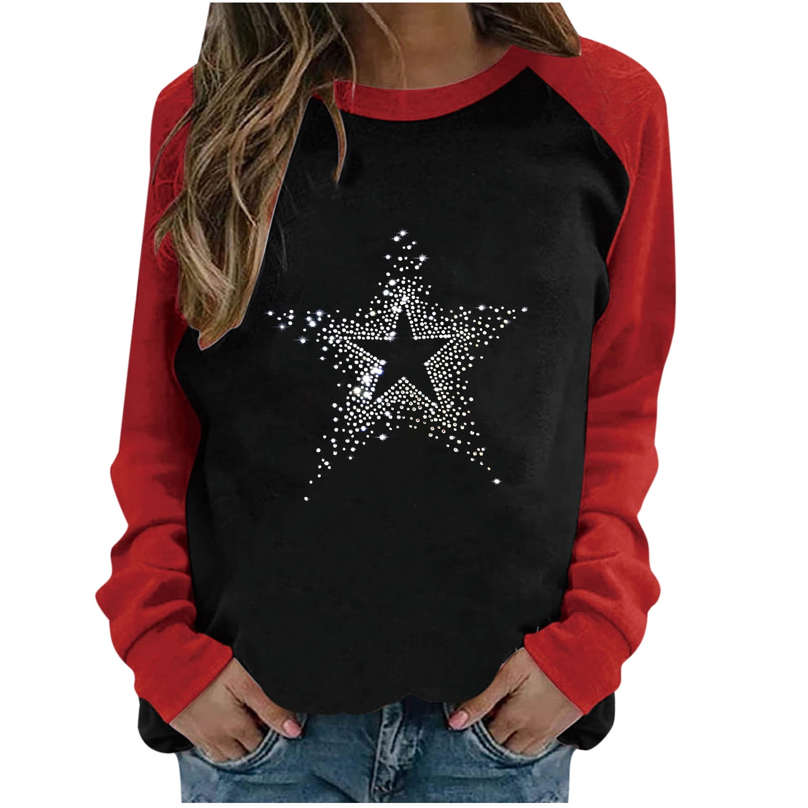 Moxiu Women's Casual Crewneck Long Sleeve Splicing Tunic Sweatshirt Tops Stripe Printing Elegent Sequin Shimmer Pullover, Size: 2XL, Black