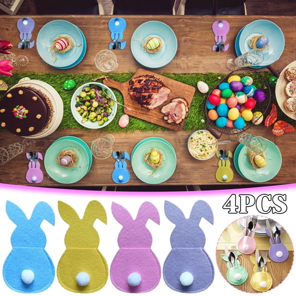 Set of 4 Bunny Flatware Holders Easter Bunny Cutlery Bag Cutlery with Tail