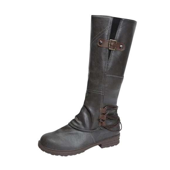 Women's Knee High Boots Fashion Buckle Zipper Boots Comfortable Faux Leather Warm Boots Winter Mid Calf Boots Gray 35