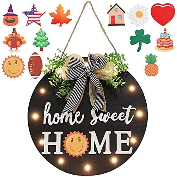Interchangeable Welcome Sign for Front Door with 14 Changeable Icons, Farmhouse Front Porch Decor Rustic Wooden Wall Sign with 12 LED Lights, Outdoor Seasonal Welcome Home Decorations (Black1)