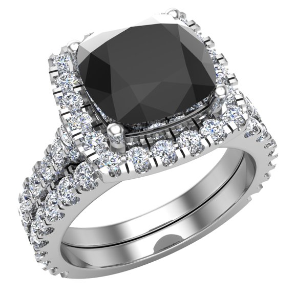 18K White Gold Wedding Ring Set for Women Cushion Cut Black Diamond Halo Rings 3.30 Carat (G,VS1)