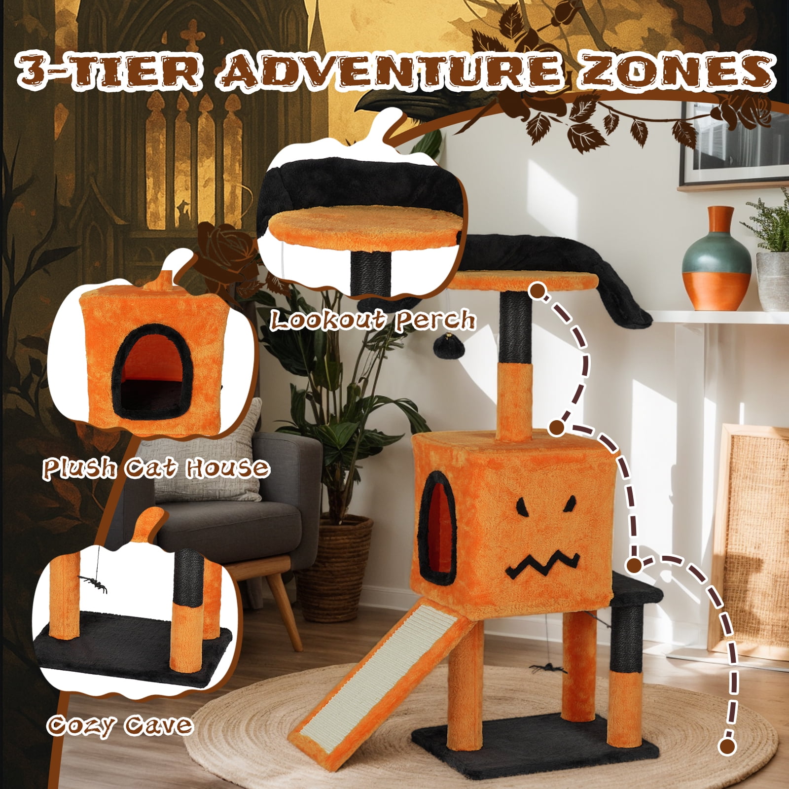 Tcbosik Cat Tree, 39.4 inch Halloween Cat Tower with Perch and Cat Condo, Cat Activity Center with Sisal Scratching Posts and Hanging Toys, Orange & Black