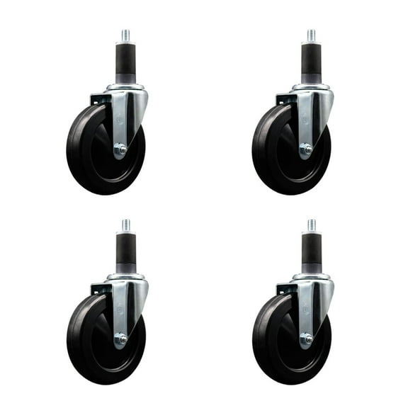 5 Inch Soft Rubber Wheel Swivel 1-1/4 Inch Expanding Stem Caster Set SCC
