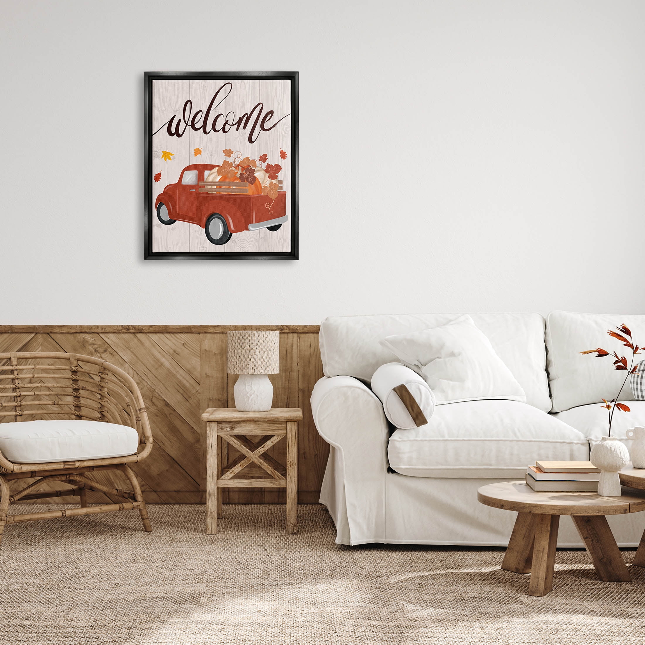 Stupell Industries Welcome Country Pumpkin Truck Graphic Art Jet Black Floating Framed Canvas Print Wall Art, Design by Jo Taylor