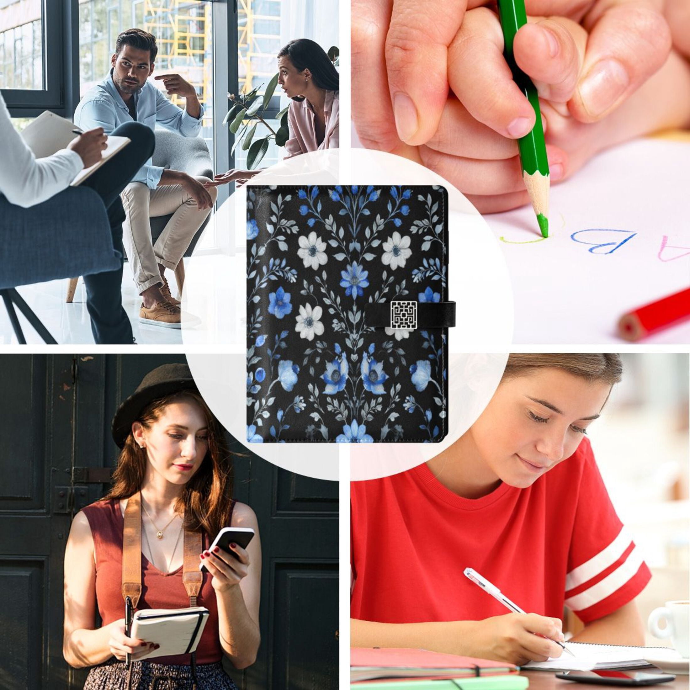 Leather Planner Leather Notebook Notebook Journal Binder Design Pen Pocket Design Convenient for Storage Watercolor White Blue Flowers