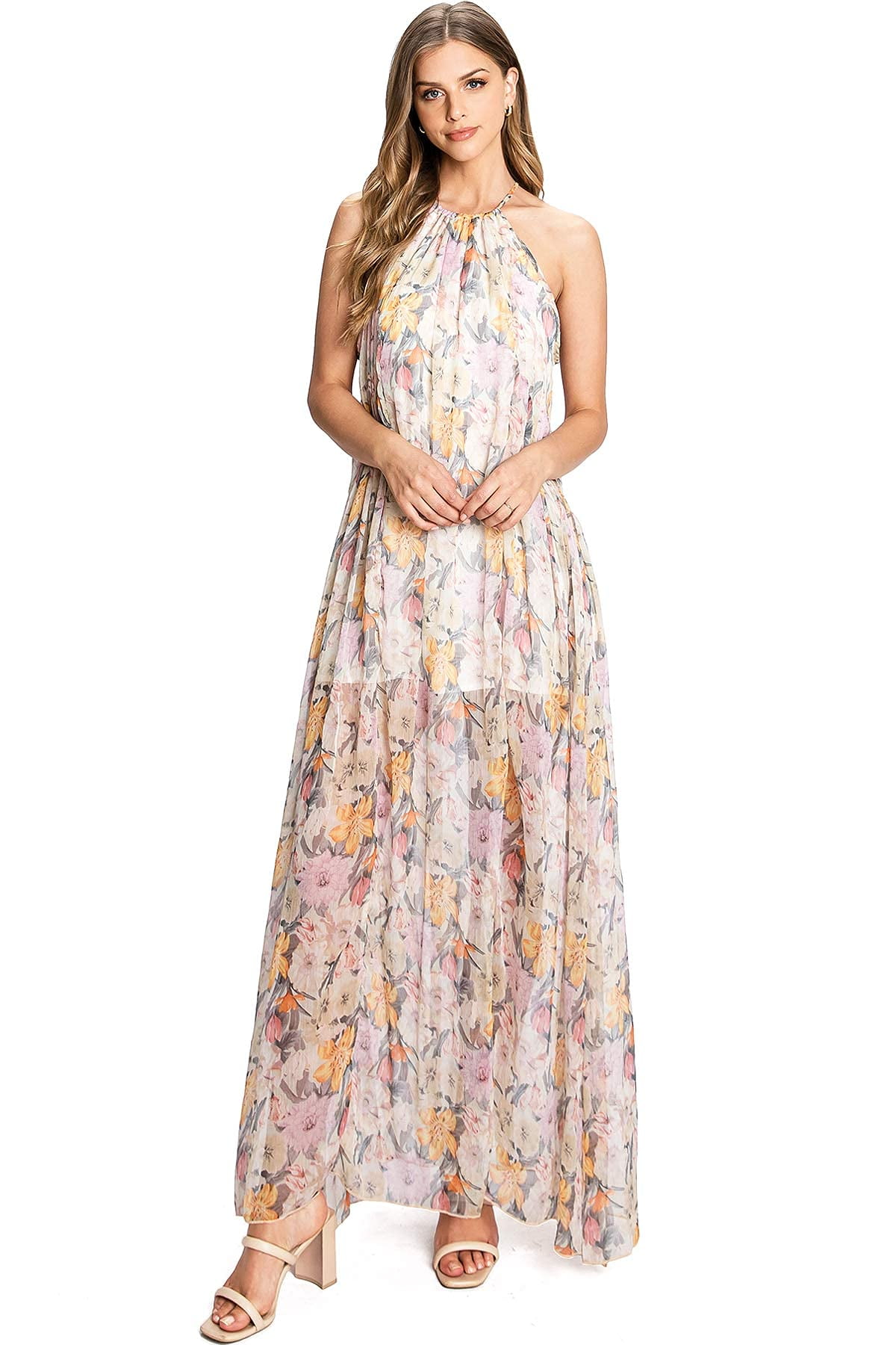 Aakaa Women's Special Occasion Formal Floral Halter Chiffon ALine Maxi