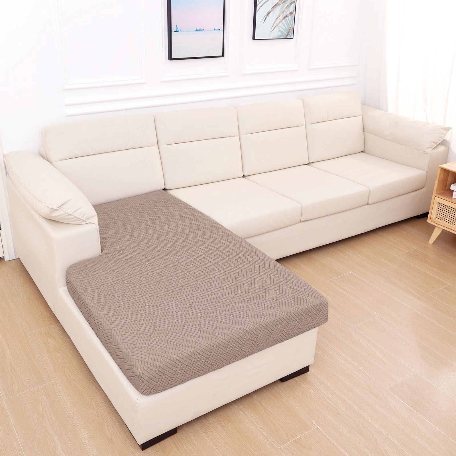 Smiry Waterproof Sofa Seat Cushion Covers, Stretch Couch Cushion Slipcovers, Fitted Jacquard Furniture Protector for Pets, Kid (Chaise, Camel)