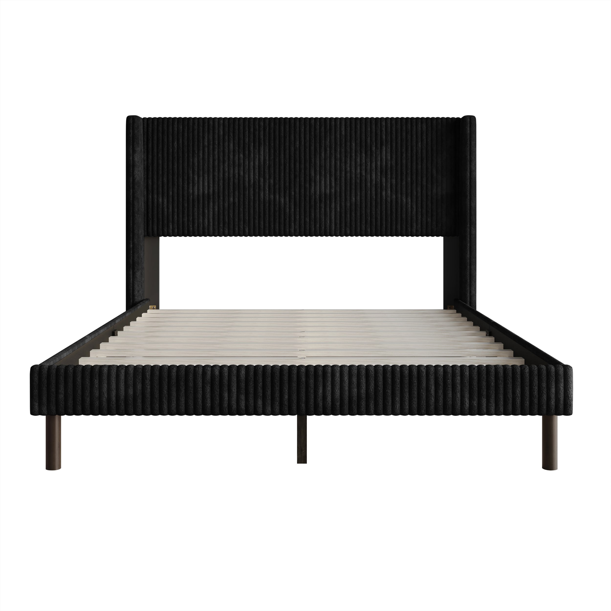 Home Design Duluth Queen Corduroy Velvet Upholstered Platform Bed Frame with Wingback Headboard & Button-Tufted Detail, Black, Easy Assembly