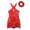 thumbnail image 6 of TiaoBug Womens Latin Jazz Dance Leotard Sequins Tassel Gymnastics Jumpsuit with Hair Tie Red XL, 6 of 7