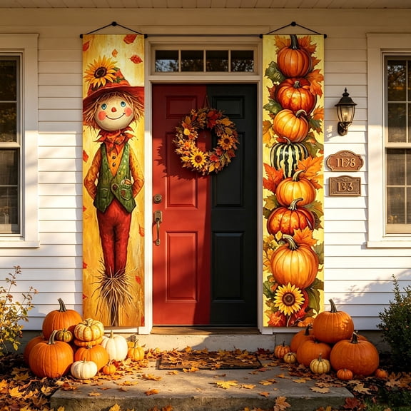 Hello Fall Porch Banner With Scarecrow And Pumpkin, Autumn Harvest Door Hanging Decor, Thanksgiving Banner Set For Home Party,180X30Cm