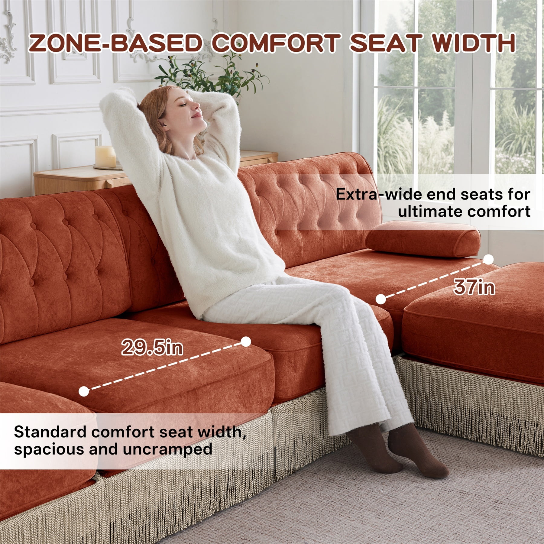 Alvantor L-Shaped Sectional Sofa 3-Seater Cloud Couch with Tassel Skirt,Button Tufted and Wooden Base for Living Room, Easy Assembly Red Brown