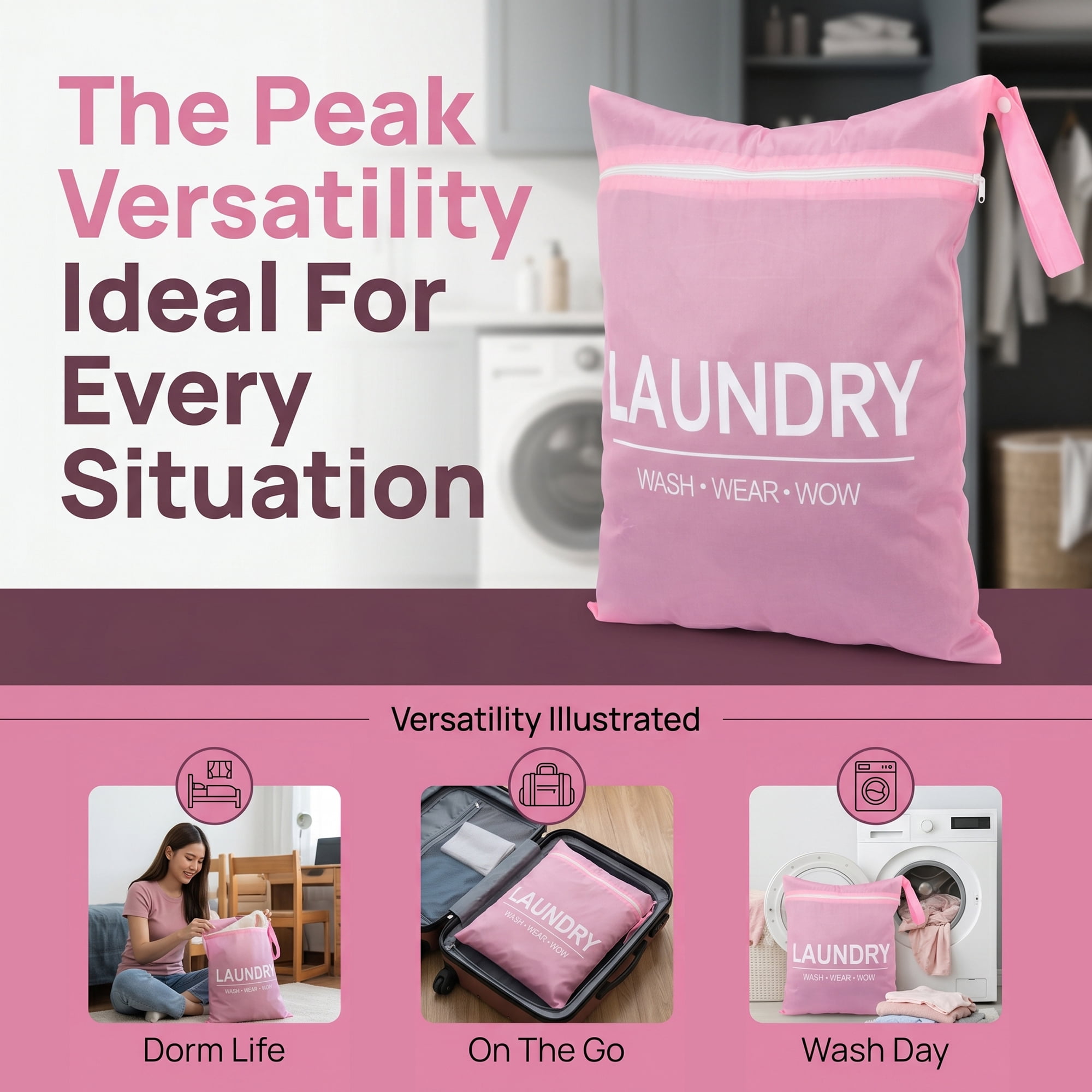 Unique Bargains 2Pcs Oxford Cloth Zipper Mesh Clothes Laundry Bag Pink-White 15"x18.9"