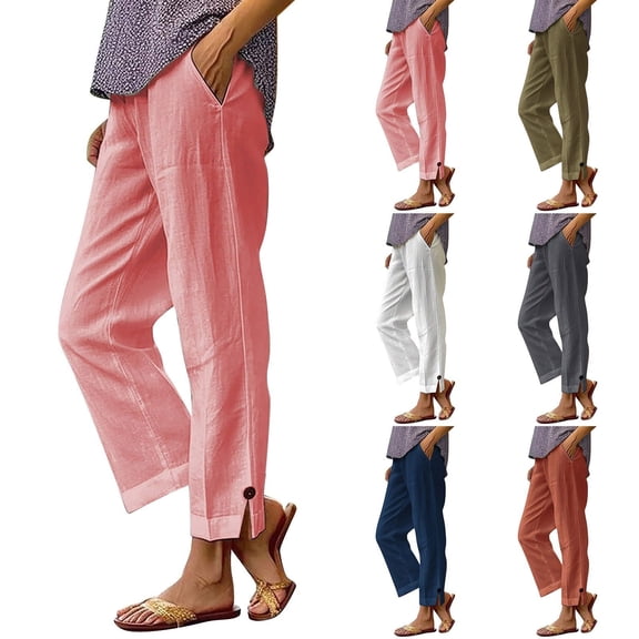 Kttectoa Pants for Women Cotton Linen Straight Leg Long Pants Button Hem Comfortable And Versatile Casual Pants with Pockets