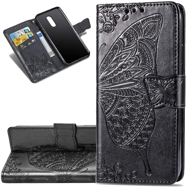 Case Premium PU Leather Flip Wallet Case Butterfly Embossed Full Body Protection Flip Stand Card Holder Magnetic Cover for Samsung S7(Black)