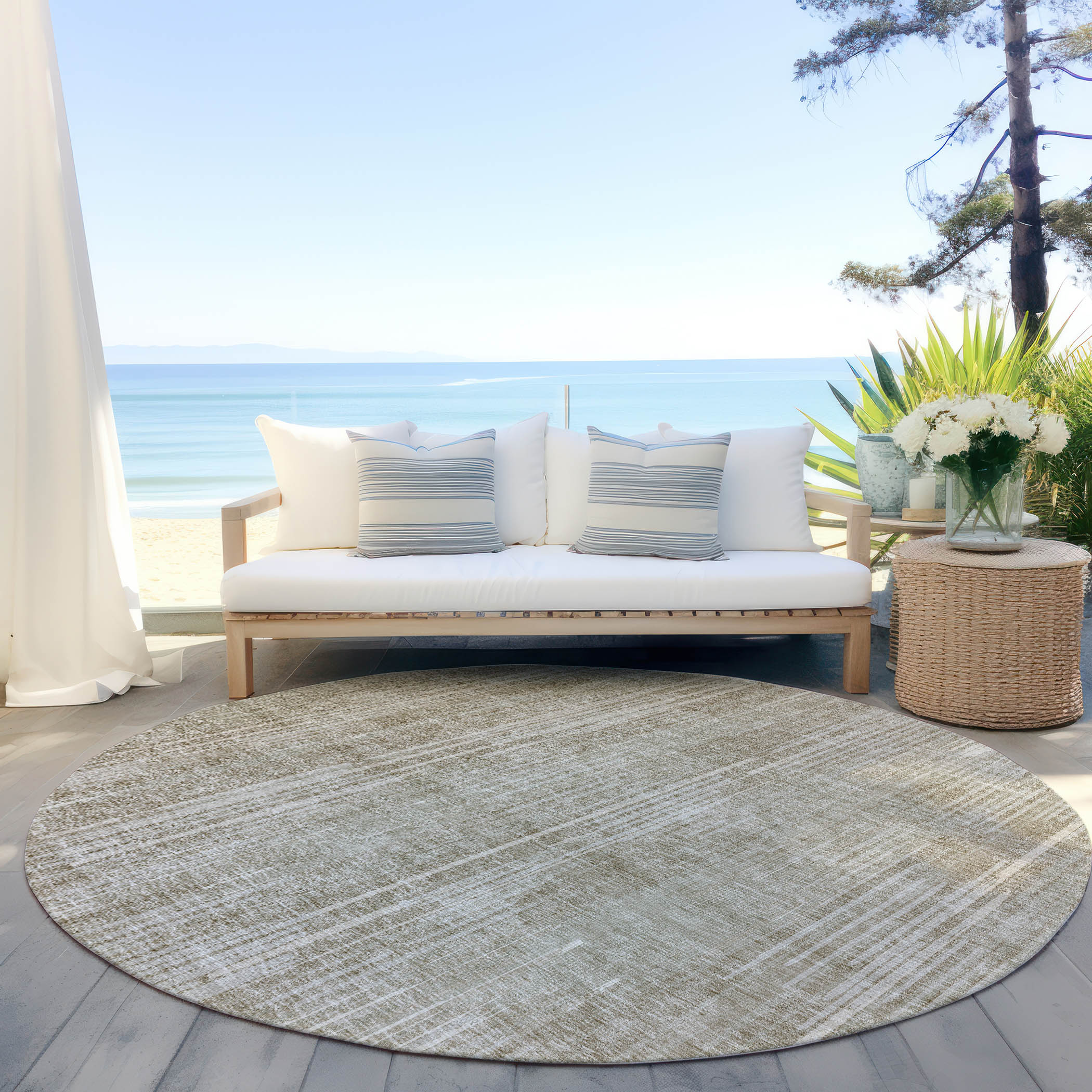 Addison Rugs Chantille Indoor/Outdoor Transitional Stripes Beige Washable Round Rug, 8' x 8'