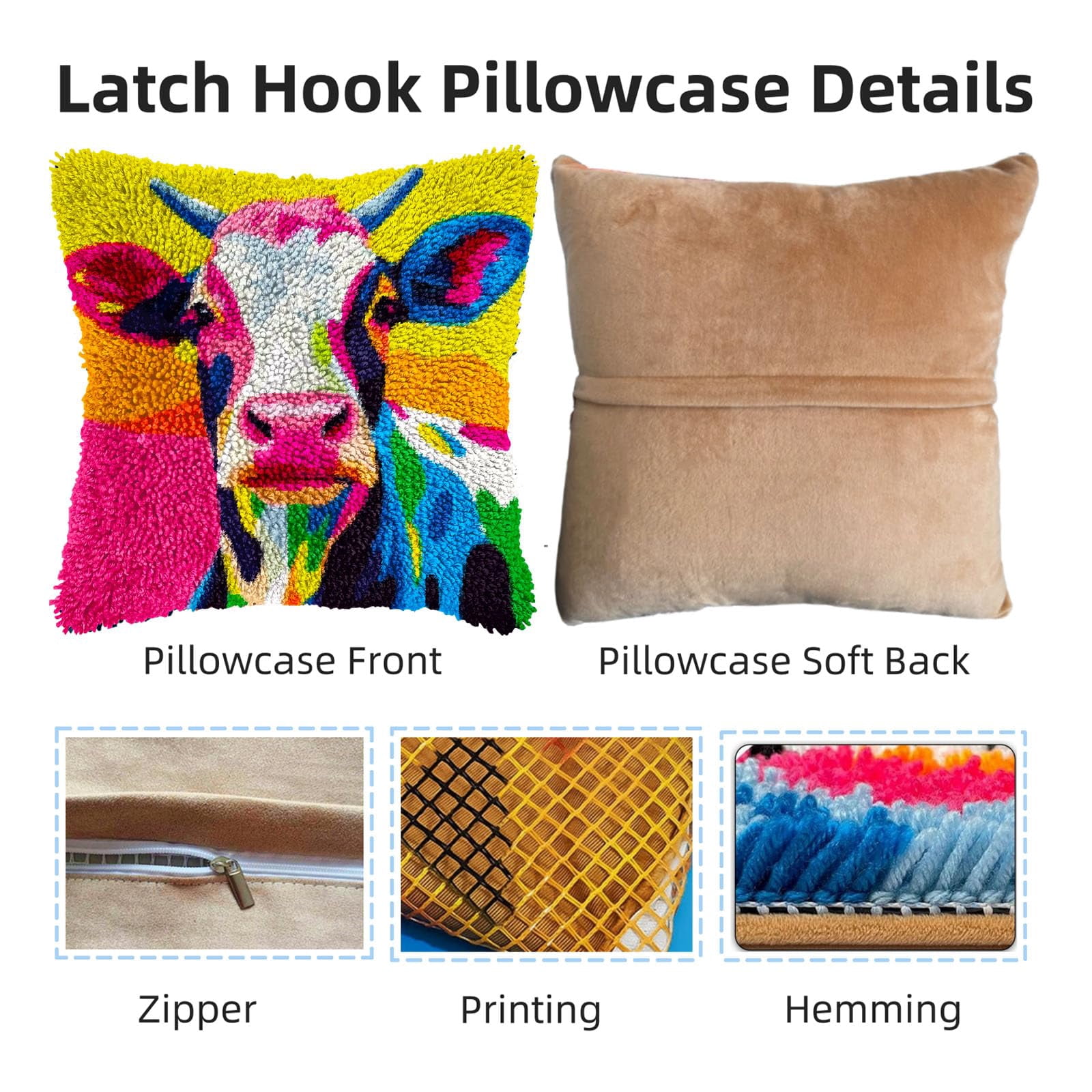 Colored Dairy Cow DIY Latch Hook Pillow Kits for Adults Printed Pillowcase Crochet Yarns Hooking Handmade Pillow Cover Cushion for Home Sofa Decoration 17x17inch