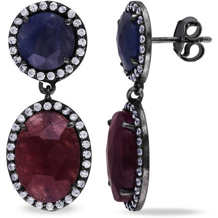 Tangelo 17-3/4 Carat T.G.W. Cubic Zirconia, Fancy Red and Blue Sapphire Black Rhodium-Plated Sterling Silver Dangle Earrings
