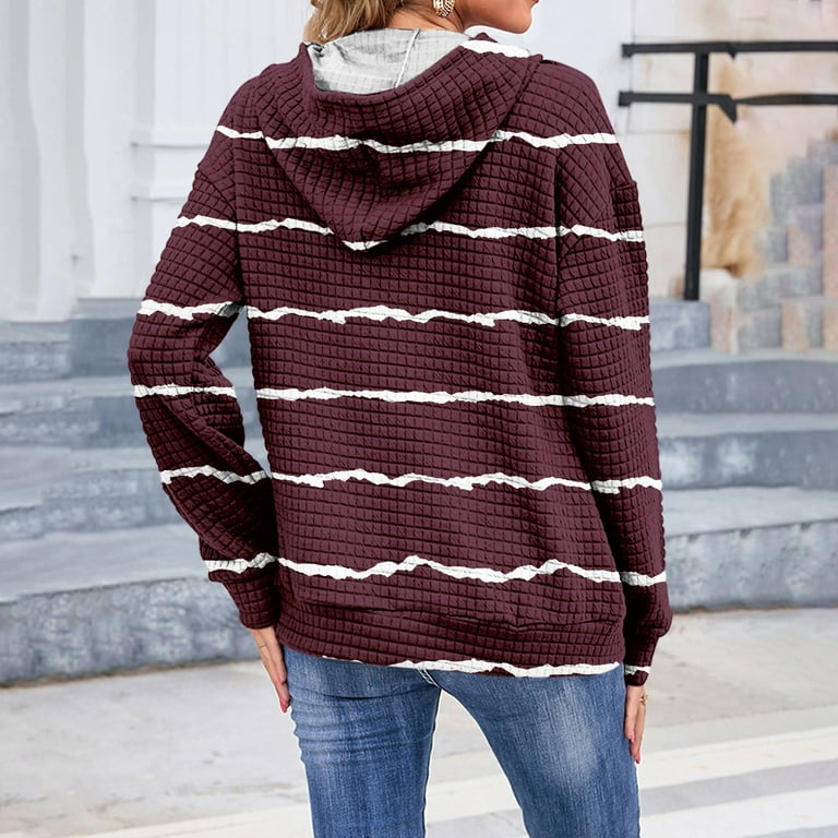 Sksloeg Waffle Knit Tops for Women Oversized Hoodies Sherpa Stripe Printed  Sweatshirts Fuzzy Waffle Pullover Fluffy Outerwear with Pockets,Wine S