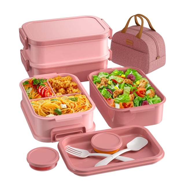 Set de Caja Bento para Almuerzo KEMETHY para Adultos 2.19L con Bolsa Térmica Rosa