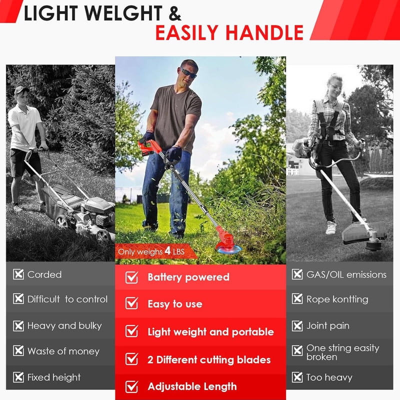 XXLYY Electric Weed Wacker, 3 in 1 Cordless Grass Trimmer with 2 X 21V 2000mAh Batteries, Lightweight String Trimmer for Garden and Yard Lawn
