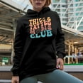 thumbnail image 2 of Thicc and Tatted Moms Club, Tattooed Mothers Quote, Groovy Retro Wavy Text Merch Gift, Black Hooded Sweatshirt or Hoodie, XL, 2 of 5