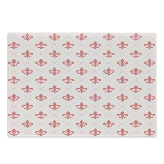 Coral Cutting Board, Checkered Pattern with of Fleur De Lis Royal French Lily Flower, Decorative Tempered Glass Cutting and Serving Board, Large Size, Pale Pink Coral, by Ambesonne