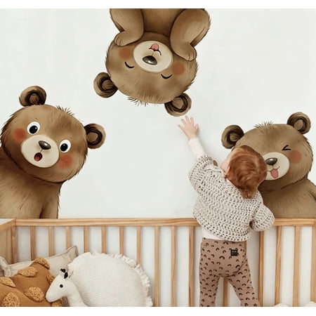 Cute Peeking Bear Wall Decal, Watercolor Brown Bear Wall Sticker, Woodland Animal Wall Mural, Kids Nursery Wall Decor, Removable Peel and Stick Baby Room Wall Art
